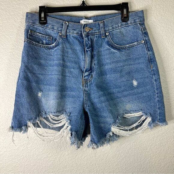 Forever 21 Womens Jean Shorts Denim Distressed Medium Wash Frayed Hem‎ Blue 30 - Picture 1 of 8